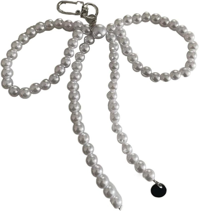 White Beaded Bowknot Phone Pendant Fashion Mobile Phone Bag Charm Decor - Image 1